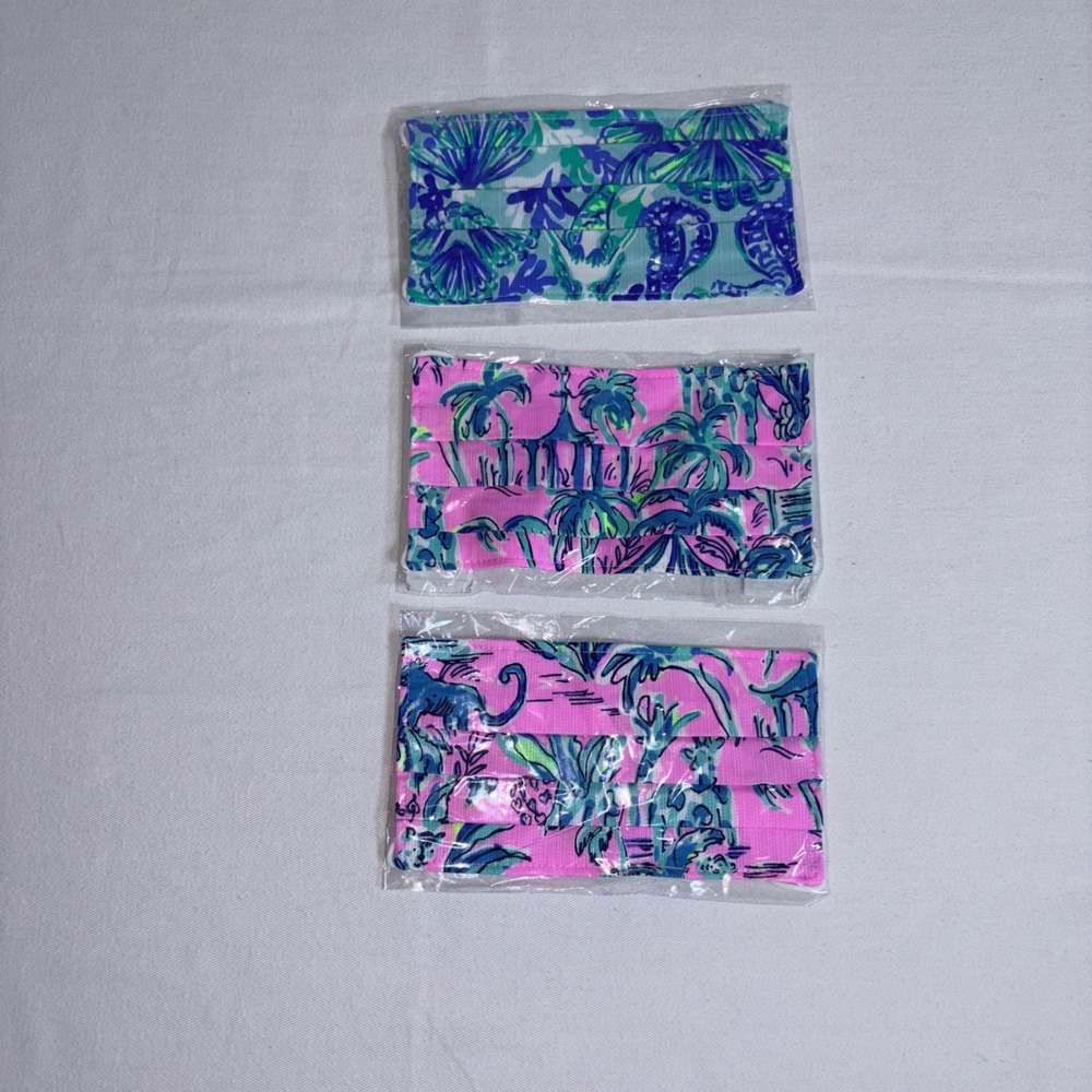 Lilly Pulitzer Face Mask Set 3 pack pink Multi NEW Tropical Palm Leopard Shells